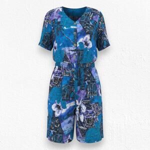 80s Vintage Black Blue Bold Tropical Print Retro Button Down Romper Size 1X